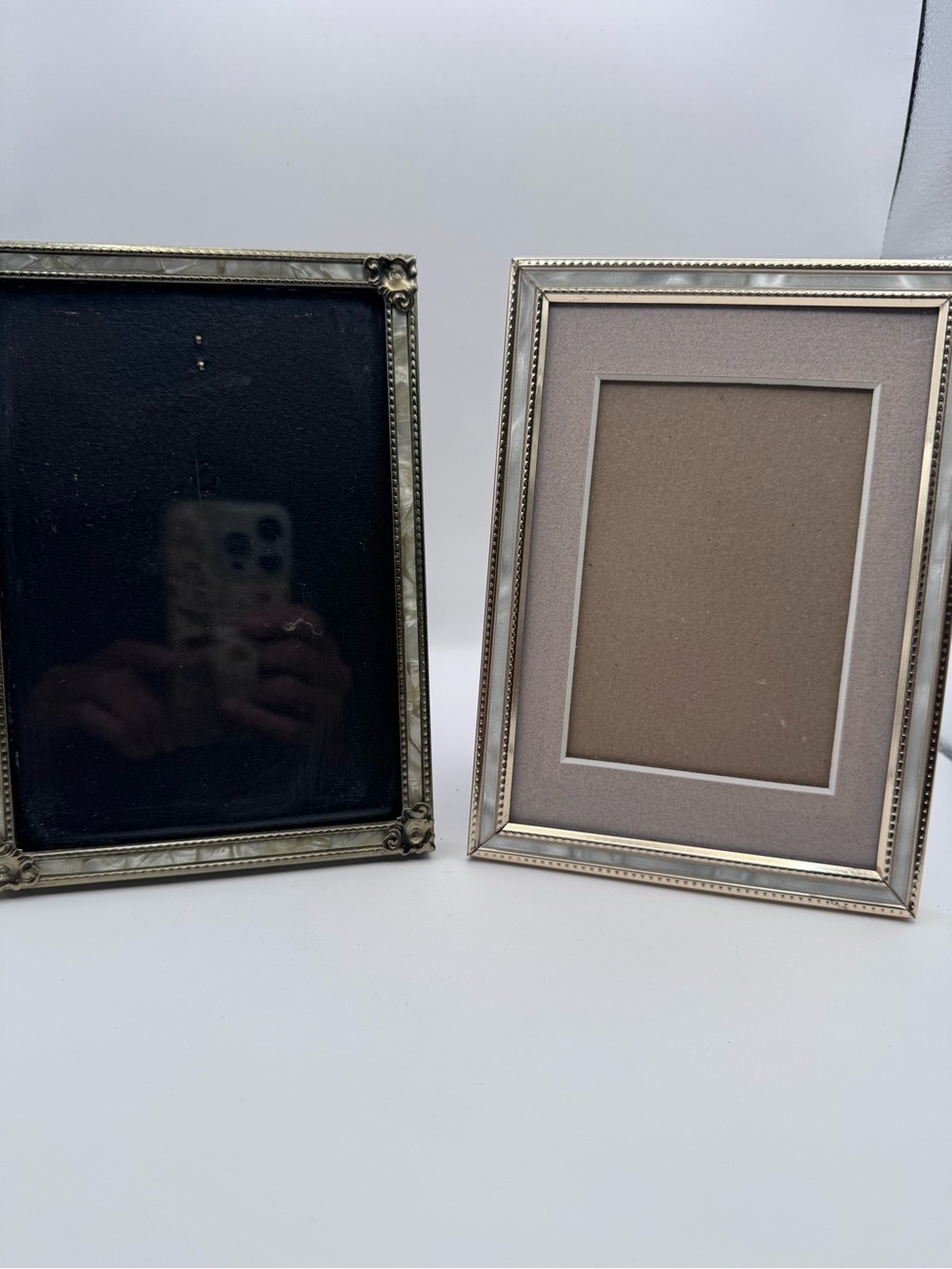 Gold Tone Picture Frames Lot of 2 Pearl Look Trim Ornate Corners One Matted
